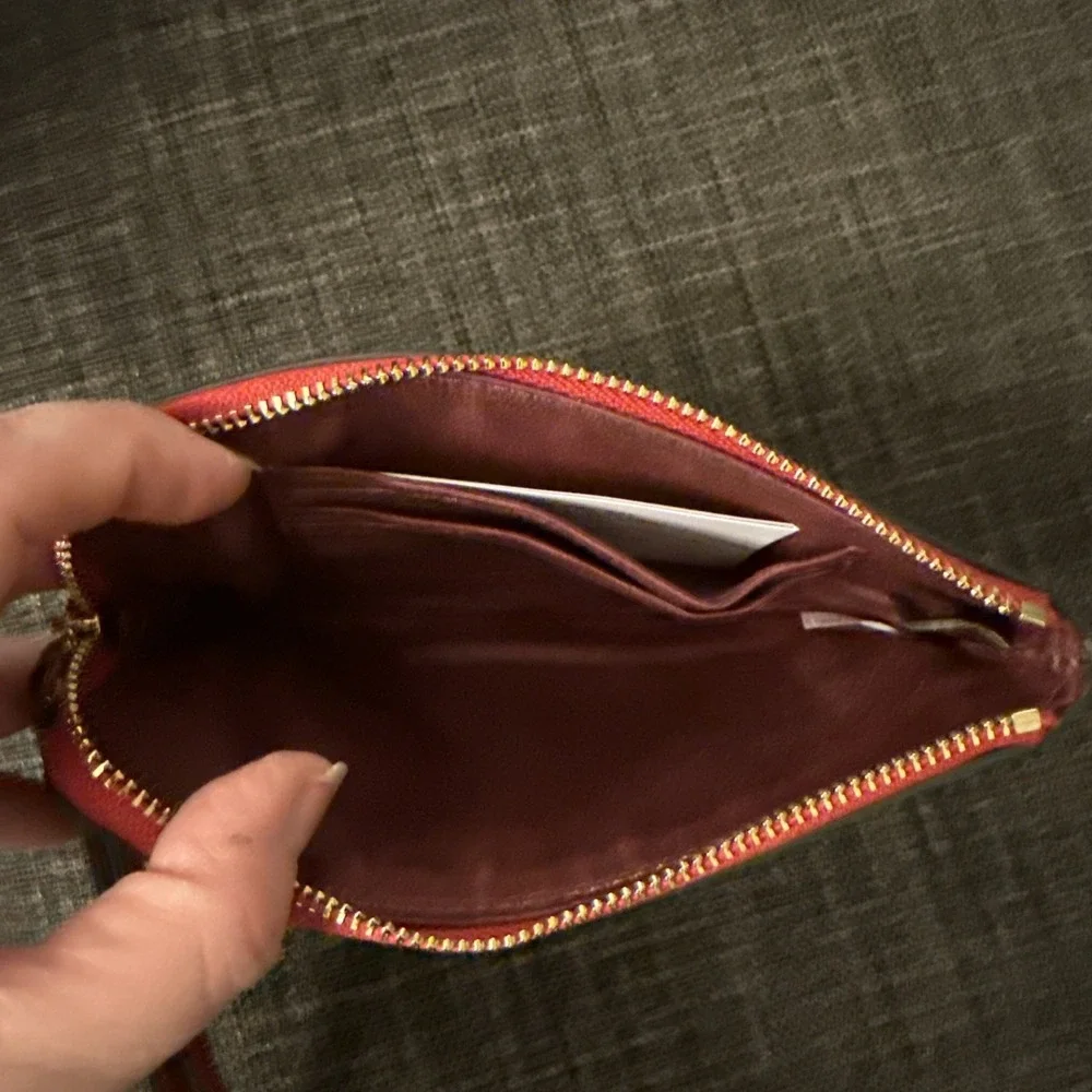 Coach Red Crossgrain Leather Corner Zip‎ Wristlet Small Clutch Bag Gold Logo